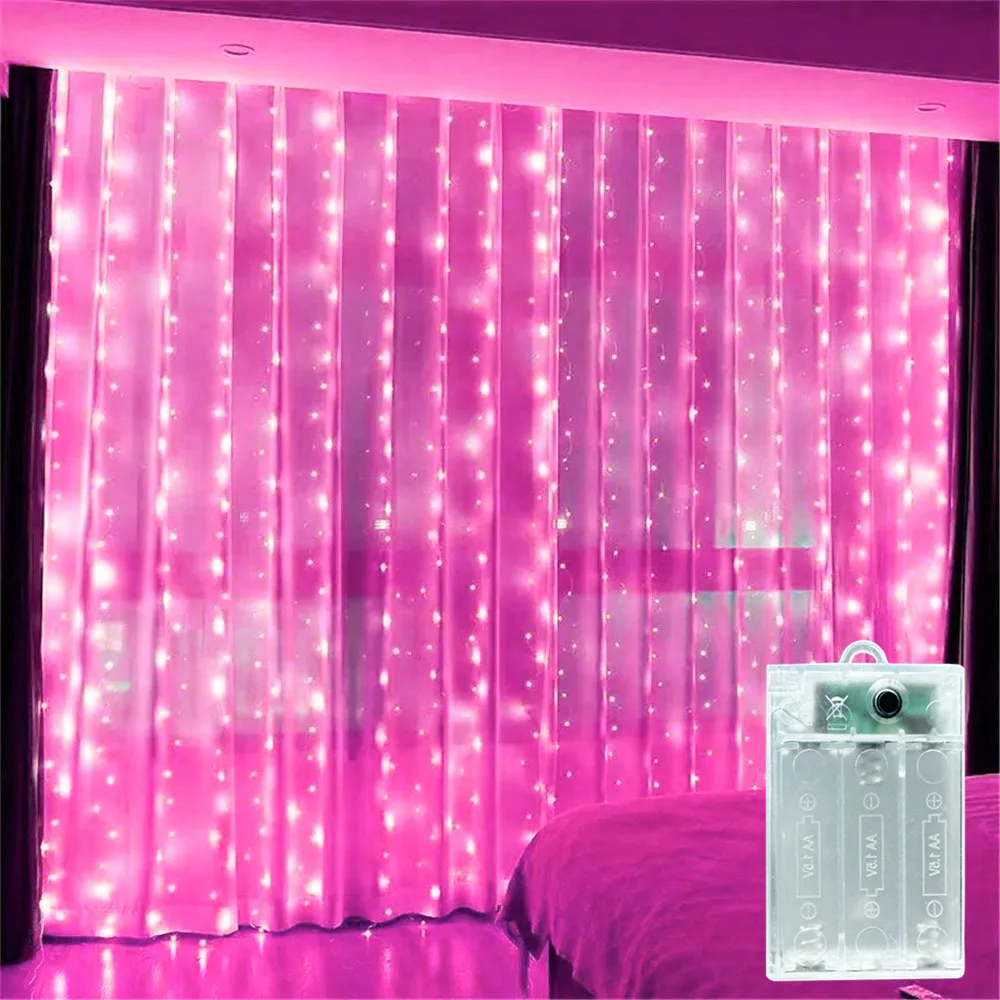 3/6M Pink Fairy LED Curtain String Light Outdoor Decor Battery Power for Eid Mubarak Wedding Birthday Valentine's Day Decor