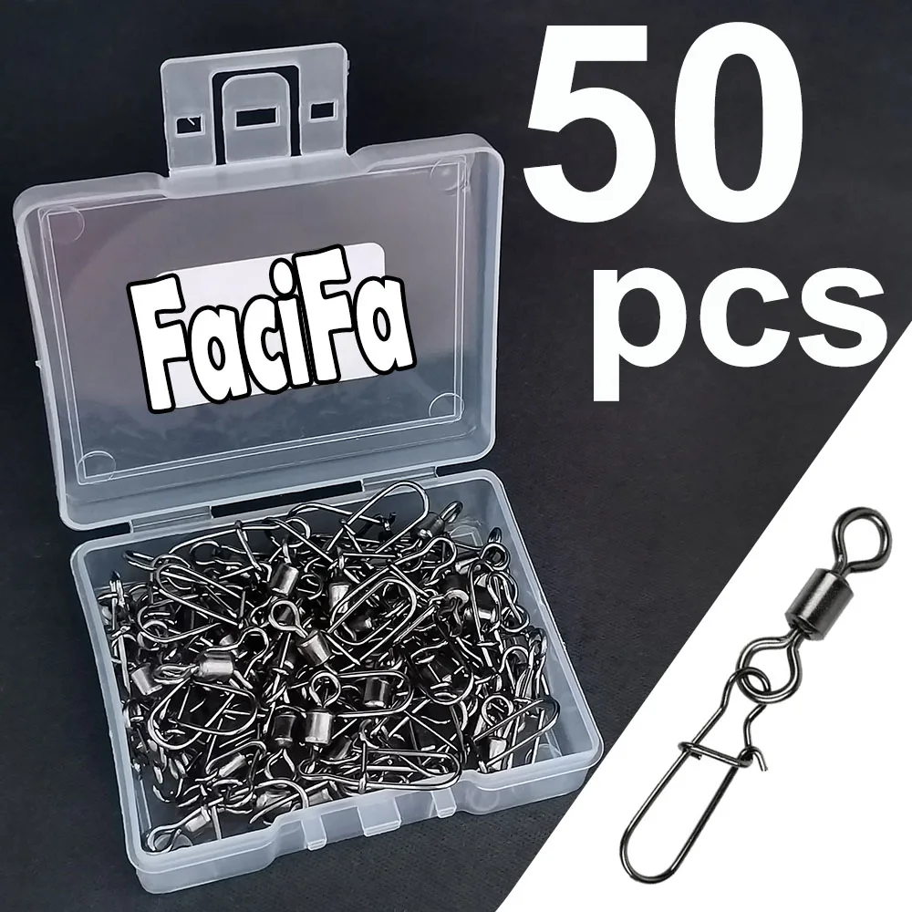Stainless Steel Fishing Connector Pins with Bearing Rolling Swivel Snap - 50 Piece Set in Storage Box, Premium Fishing Tackle Accessories
