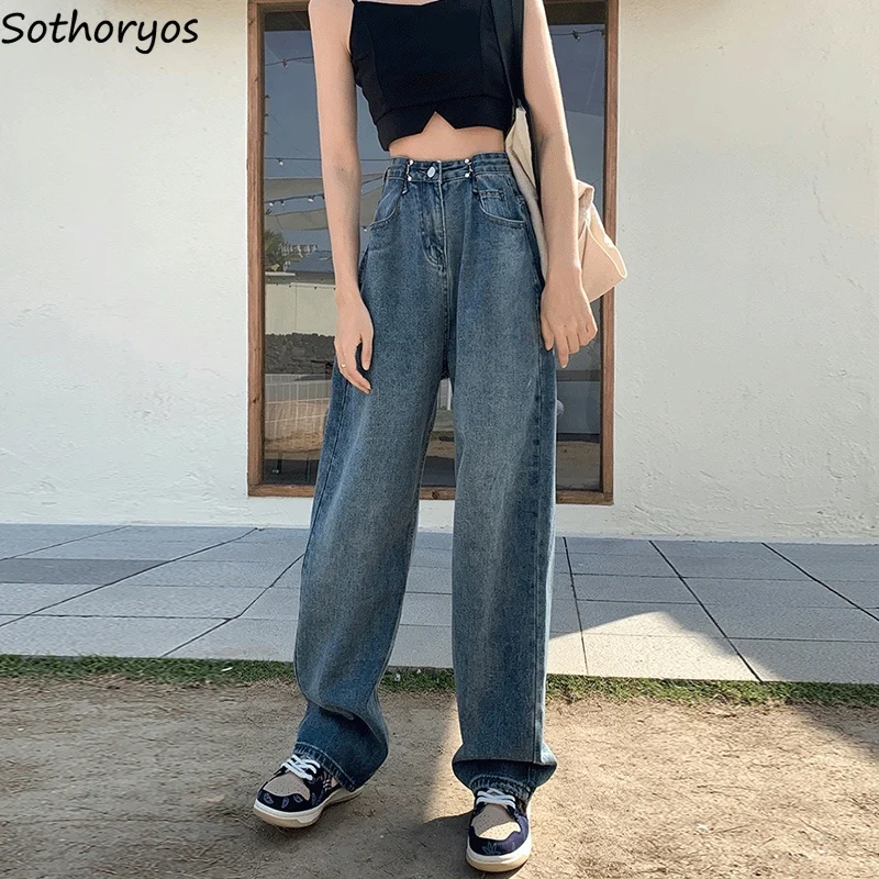 

Popular Jeans Women Blue Baggy Wide Leg Chic Adjustable Waist Empire Boyfriends Cargo Distressed Mopping Trousers Korean Female