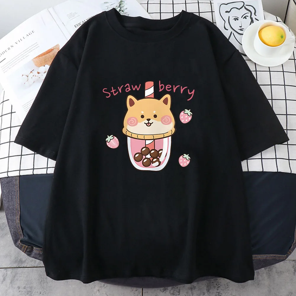 Kawaii Strawberry Milk Graphic Tee - Soft Cotton Short Sleeve Casual Top