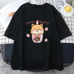 Kawaii Strawberry Milk Graphic Tee - Soft Cotton Short Sleeve Casual Top - S (Black)