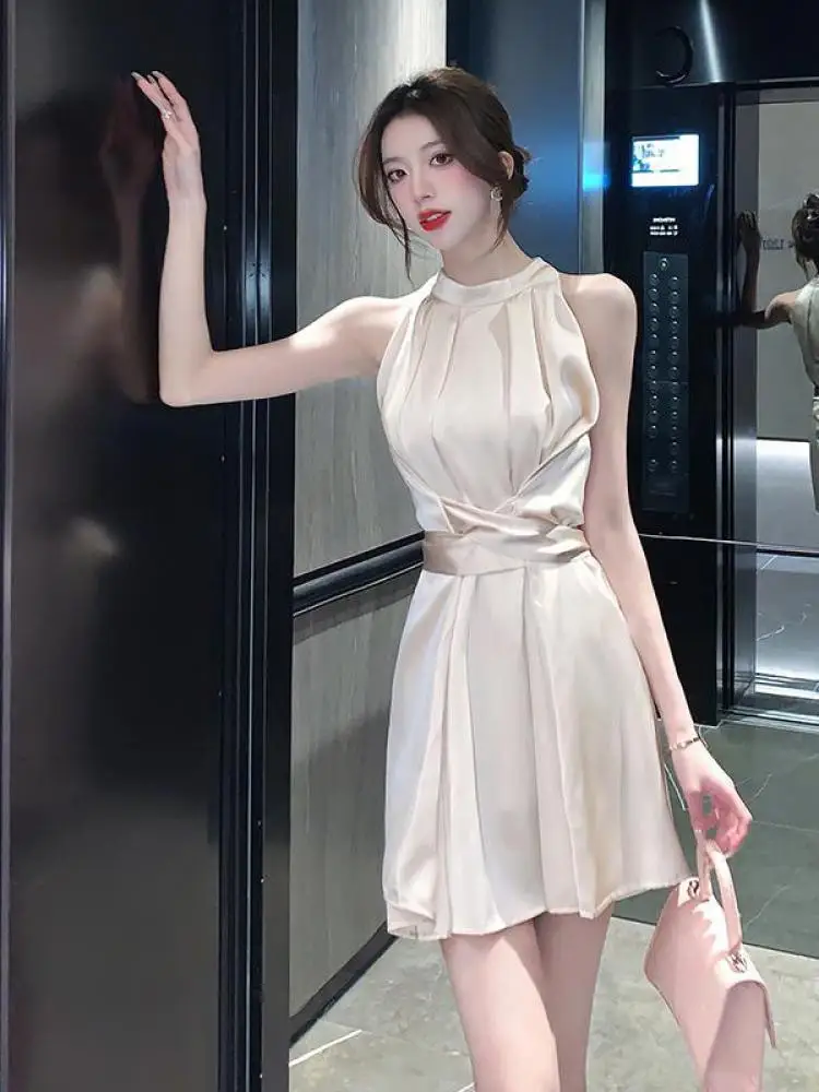 

Summer Fashion Halter Sleeveless Mini Dress Sexy Slim High Waist Birthday Short Dress Women Irregular Beach Party Club Khaki