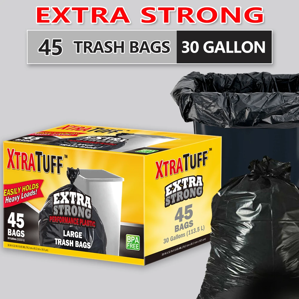 thumbnail image 1 of Bolsas de basura de 30 galones, color negro, grandes, resistentes, 45 unidades, 1 of 4