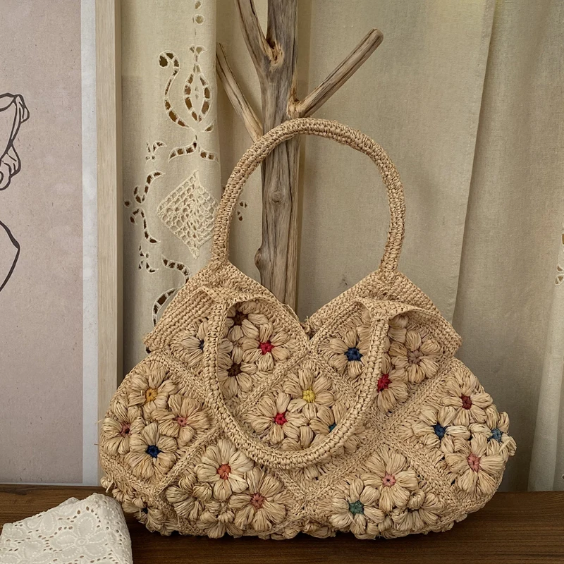 Natural Raffia Handwoven Tote Exquisite Three-dimensional Floral Woven Large Capacity Beach Bag Summer Vacation Travel_voghion.com