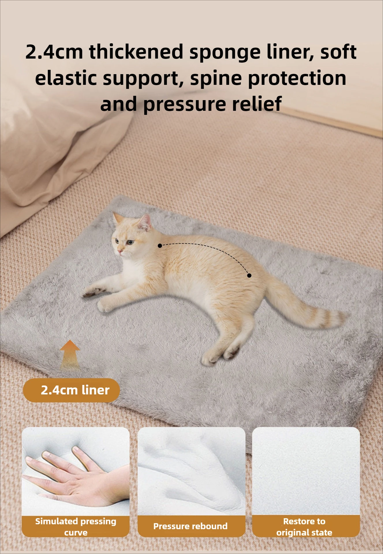 A diagram showing a cat resting on a 2.4cm thickened sponge liner. Inset images demonstrate the soft elastic support, pressure rebound, and spine protection features of the foam.