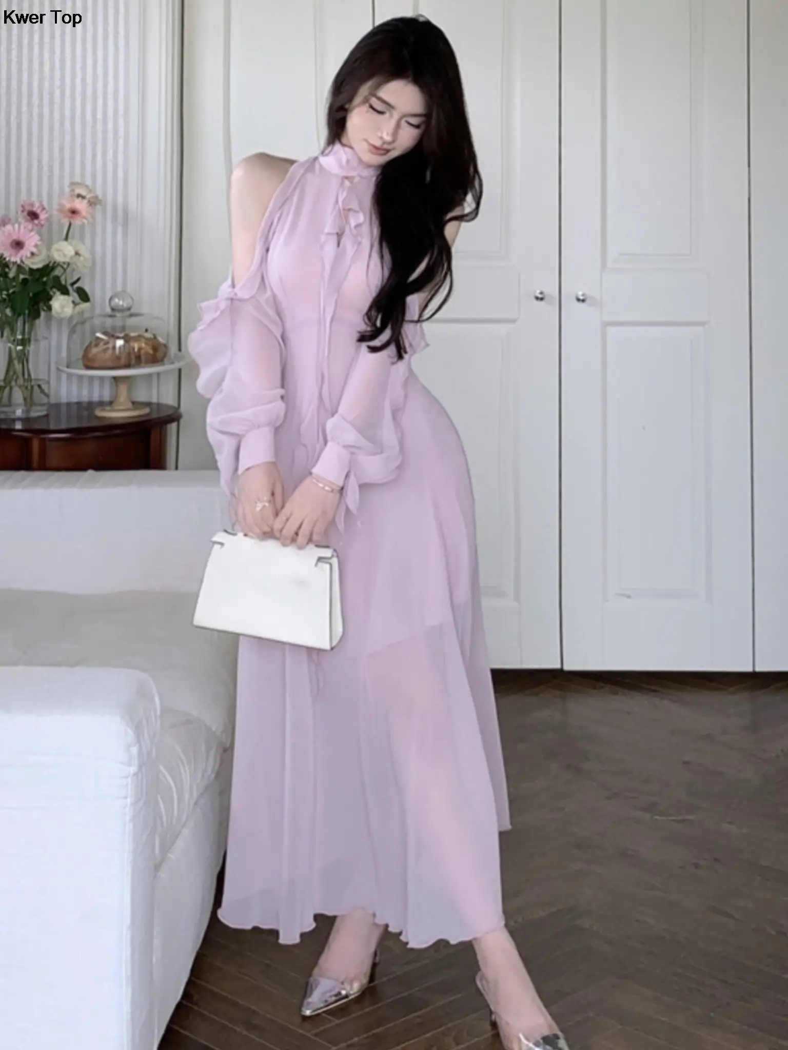 

Женское шифоновое платье с открытыми плечами, длинным рукавом и открытыми плечами