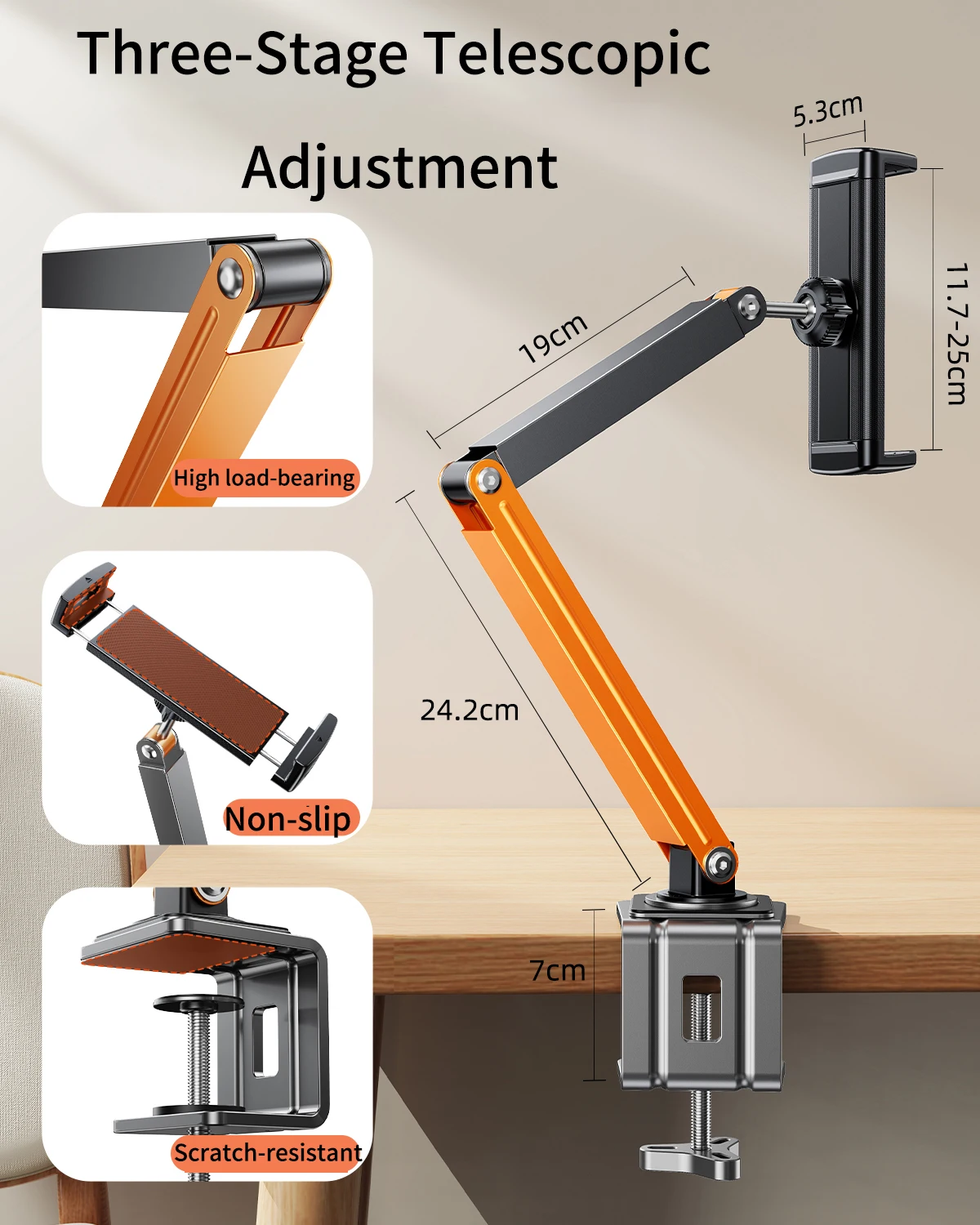 Eary Phone Holder Tablet Stand Mount For Desktop Bedside Three-Stage Telescopic Foldable Rotatable With Metal Clamp Lazy Bracket