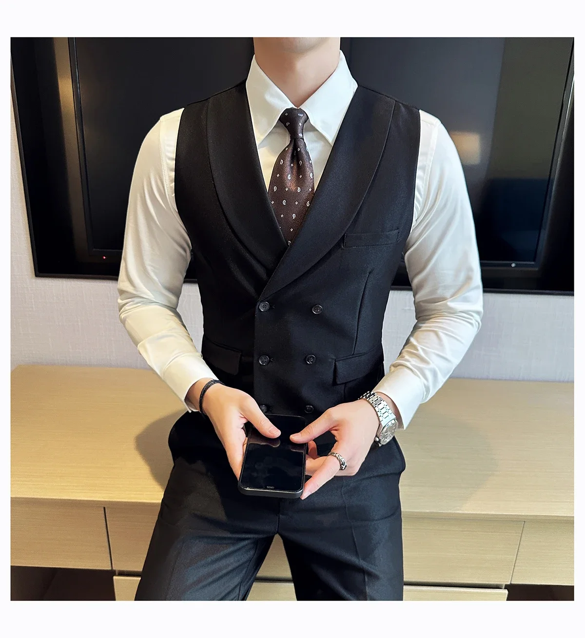 Description Picture 4 of itemMen's Double-buttoned Suit Vest Korean Style Slimming Business Professional Workwear Western-style Clothes Groom's Tuxedo