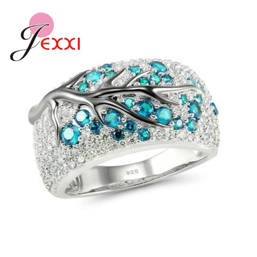 Solid 925 Silver Color Austrian Crystal Finger Rings Colorful Tree Original Design Men Women Couple Jewelry
