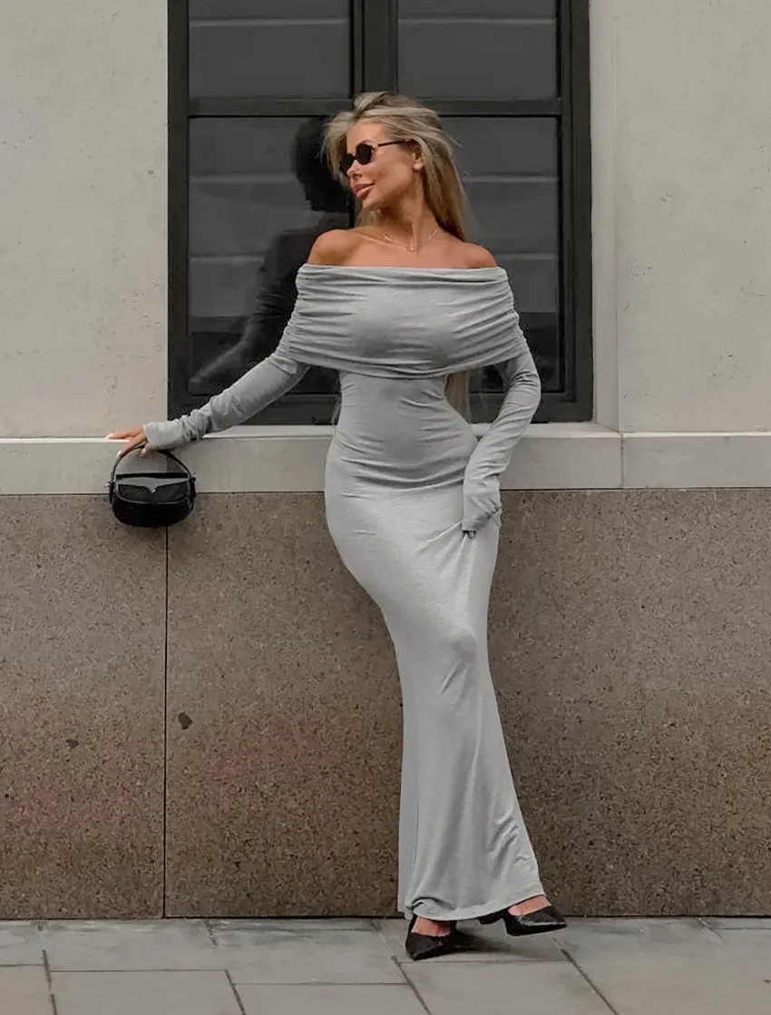 Fashion Autumn Knit Long Dress Women's Off-Shoulder Patchwork Ribbed High Waist Slim Ladies Dress Knitwear Elegant Dress