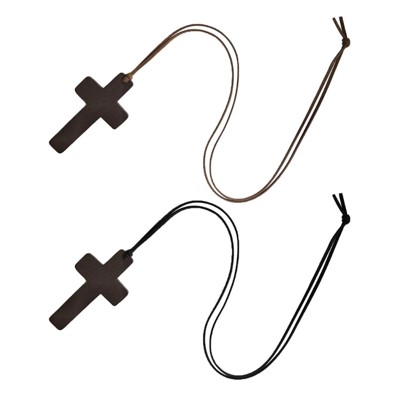 

Y1UB Retro Men Women Necklace with Brown/Black Rope for Cross Pendant Christian Religious Natural Wooden for Children Boys Gi