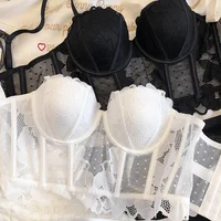 Ensemble de sous-vêtements sexy en dentelle brodée de fleurs pour femmes, sous-vêtements moulants, soutien-gorge push-up en maille noire, lingerie respirante à pois, 2 pièces 5