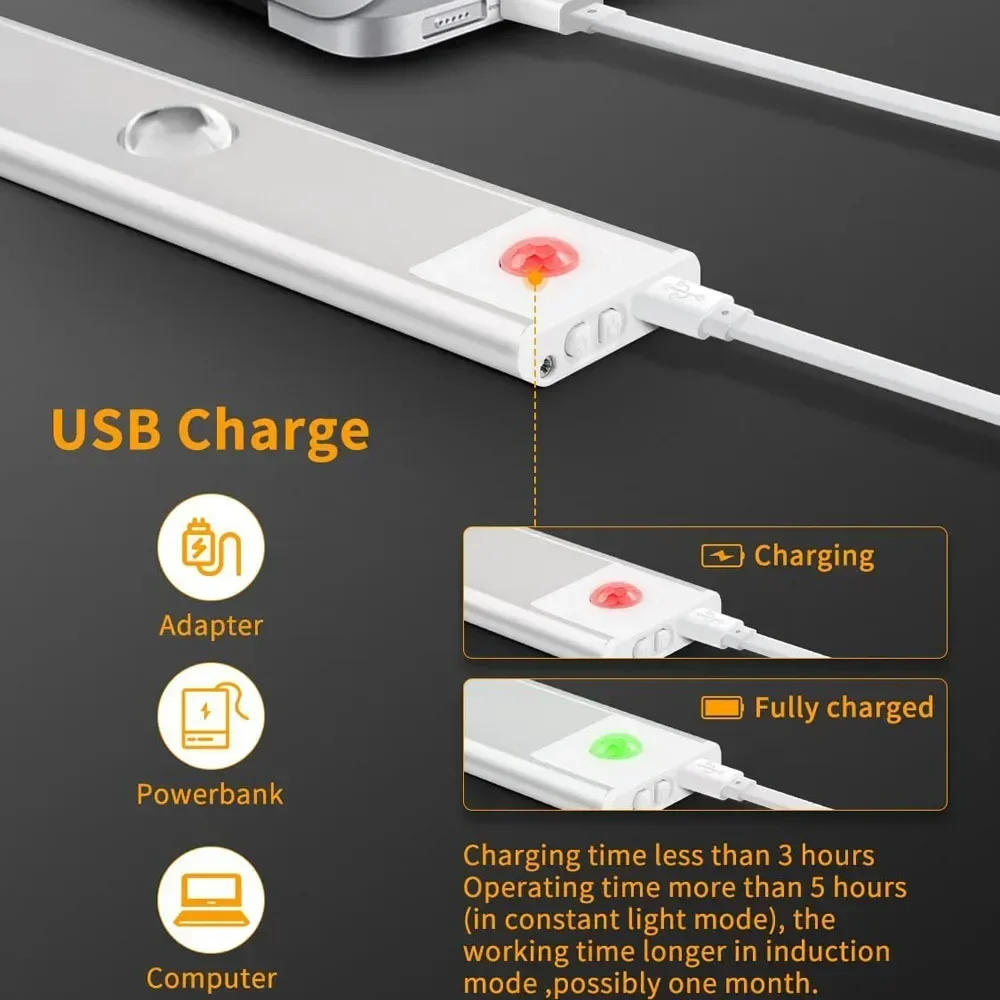 모션 센서가 있는 야간 조명, 침실 침대 옆 테이블 주방 캐비닛 램프용 충전식 USB LED 스트립 조명