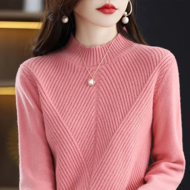 2023 Autumn Winter Women Sweaters Pullovers New Solid Half Turtleneck Twill Knitted Sweater Female Bottom Jumpers Tops Clothing