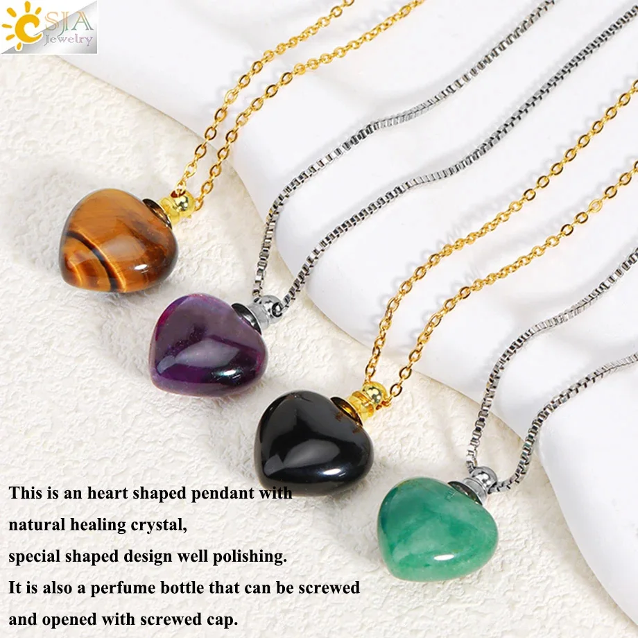 CSJA Natural Stone Perfume Necklace Healing Heart Crystal Pendant Reiki Essential Oil Diffuser Bottle Charm Necklaces Women H410 2