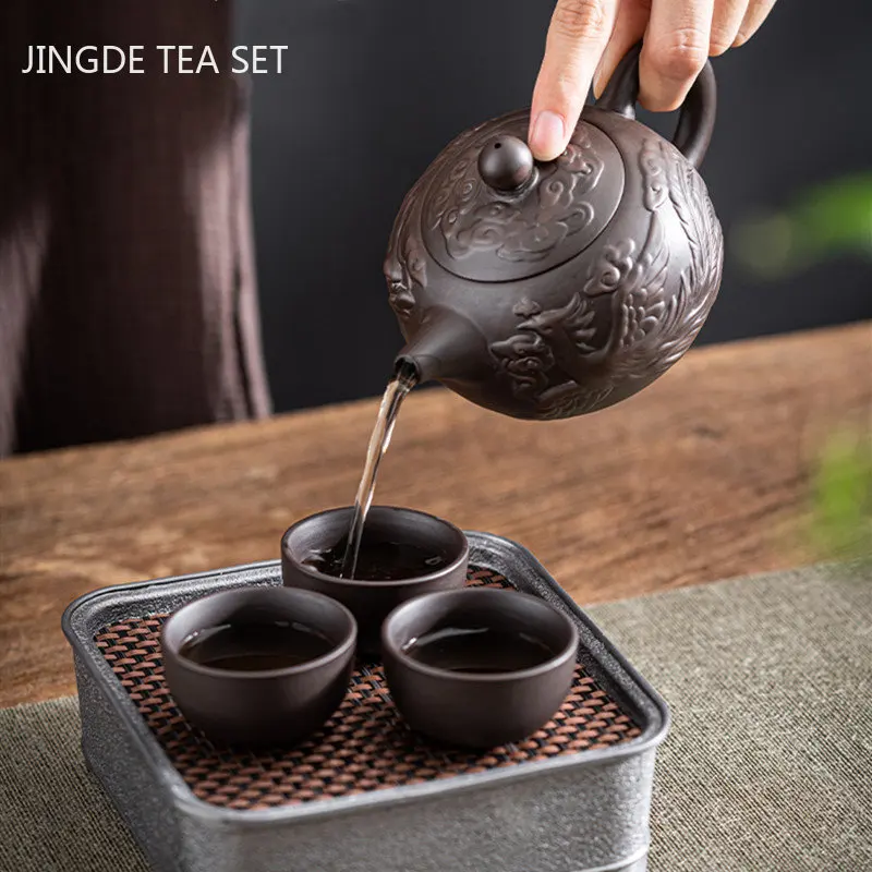 Chinese Yixing Purple Clay Teapot Hand Carving Dragon Pattern Beauty Tea Kettle Classic Ball Hole Filter Pot Zisha Tea Sets