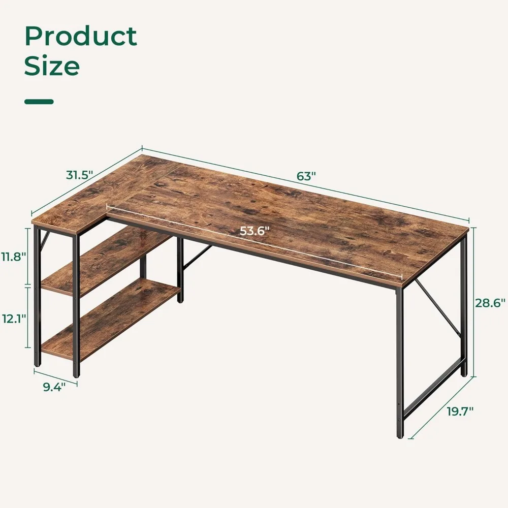 Huuger L Shaped Desk, 63 Inches Computer Desk with Reversible Storage Shelves, for Gaming Corner Home Office Writing Study, Meta