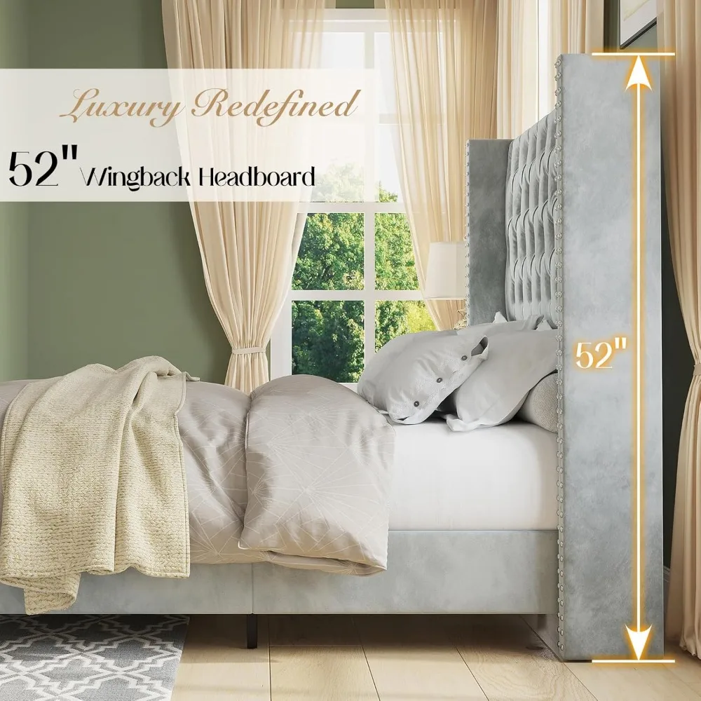 Queen Size Platform Bed Frame Velvet Upholstered Beds with Nailhead Trim Wingback Headboard 51.6" Tall, Queen Bed Frame 4