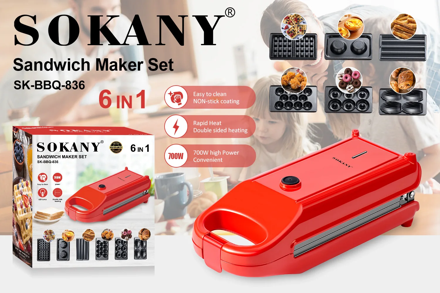

6 In 1 Electric Sandwich Maker Waffle Machine Toaster Baker Breakfast Machine Takoyaki Pancake Donuts Sandwichera KitchenTool