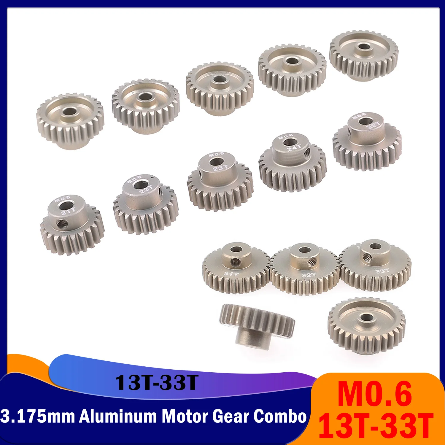 

Metal M0.6 Pinion 3.175mm Aluminum Teeth 13T 14T 15T 16T 17T 18T 19T-33T Motor Gear Combo Set for RC 1/10 Car Model Accessories