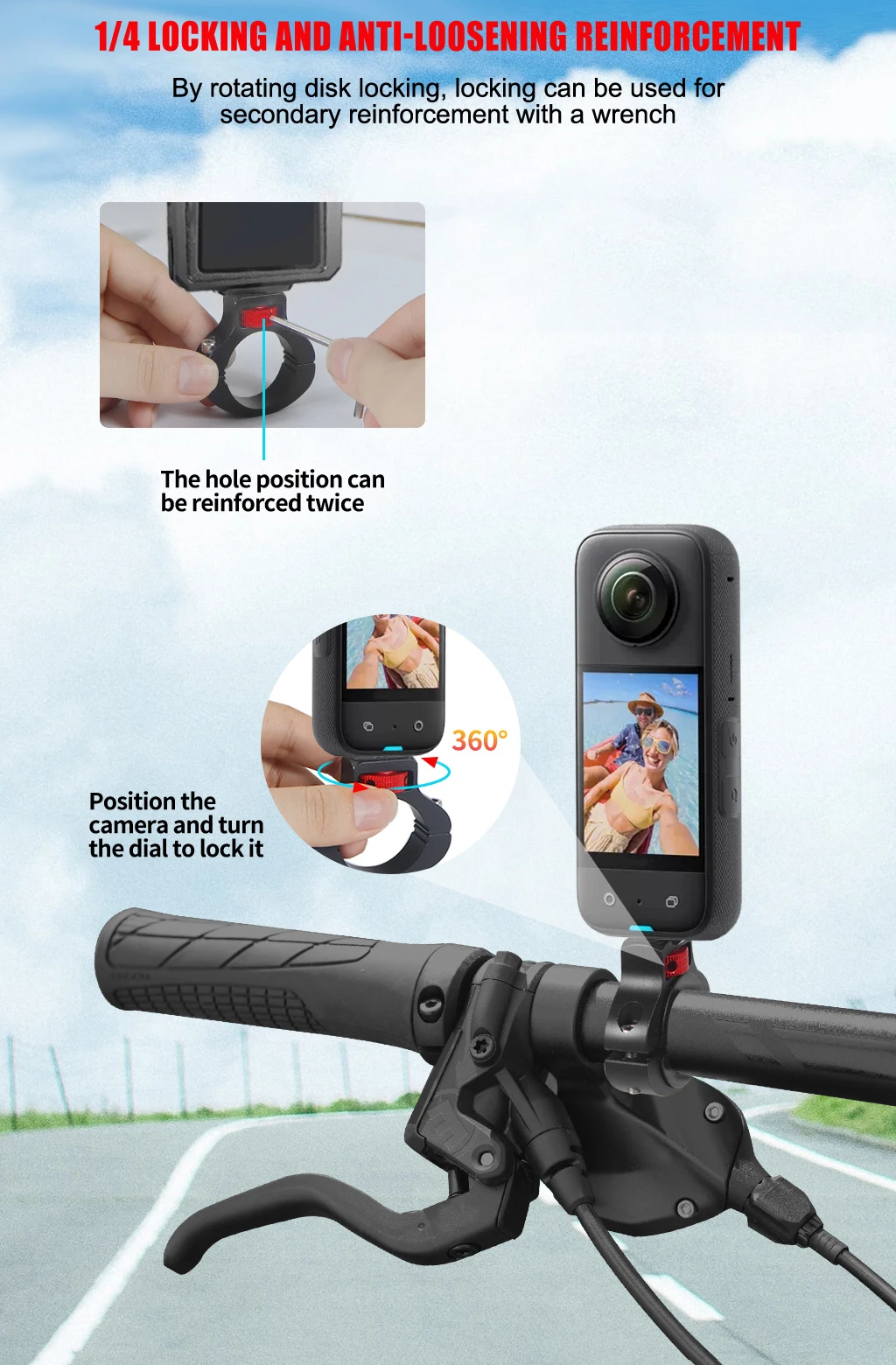 1/4 Schraube Metall Radfahren Fahrrad Halterung Motorrad Lenker Halter für GoPro 13 Insta360 X4 X5 DJI Osmo 360 Action 5Pro Kamera Halterung – Detail 2
