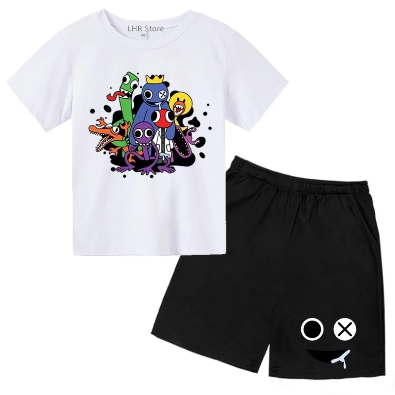 

summer Round Neck leisure Sets Short sleev Suitable for children Boys Girls age 3-12 T-shirt Rainbow Friend child tops +Shorts