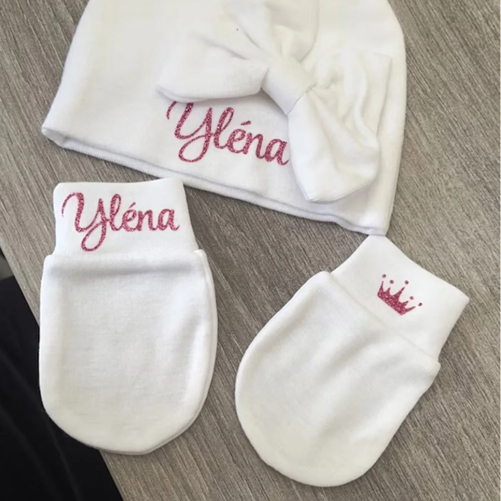 Girl's Baby Hat & Mittens with Bow Custom Baby Shower Newborn Baby Gift Baby Scratch Mittens Newborn Baby Girl Hat with Name 2