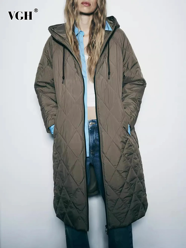 

VGH Patchwork Zipper Solid Plaid Casual Winter Coats For Women Hooded Long Sleeve Minimalist Loose Parkas Female Fashion Style