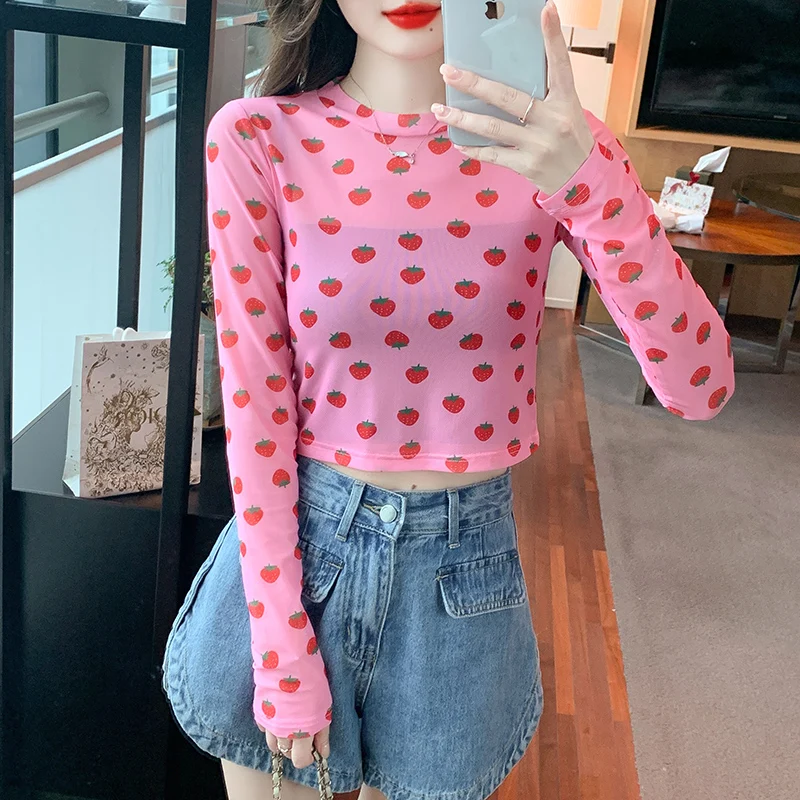 トップス STRAWBERRY SEE-THROUGH TOPS (HIGH NECK) Printed Strawberry See Through Mesh T-shirts Girls O Neck