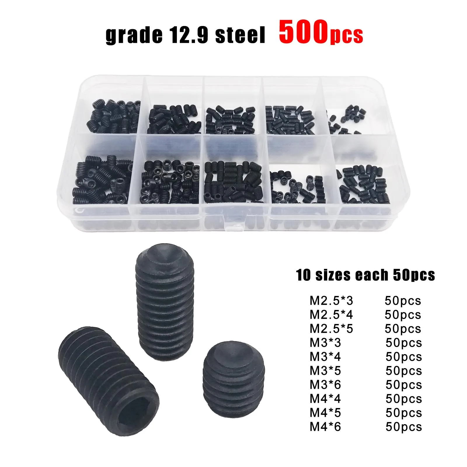 DIN916 Hex Socket Allen Cup Point Set Screw Grub Bolt 500pcs M2.5 M3 M4 304 A2 Stainless Steel Grade 12.9 Steel Kit Box