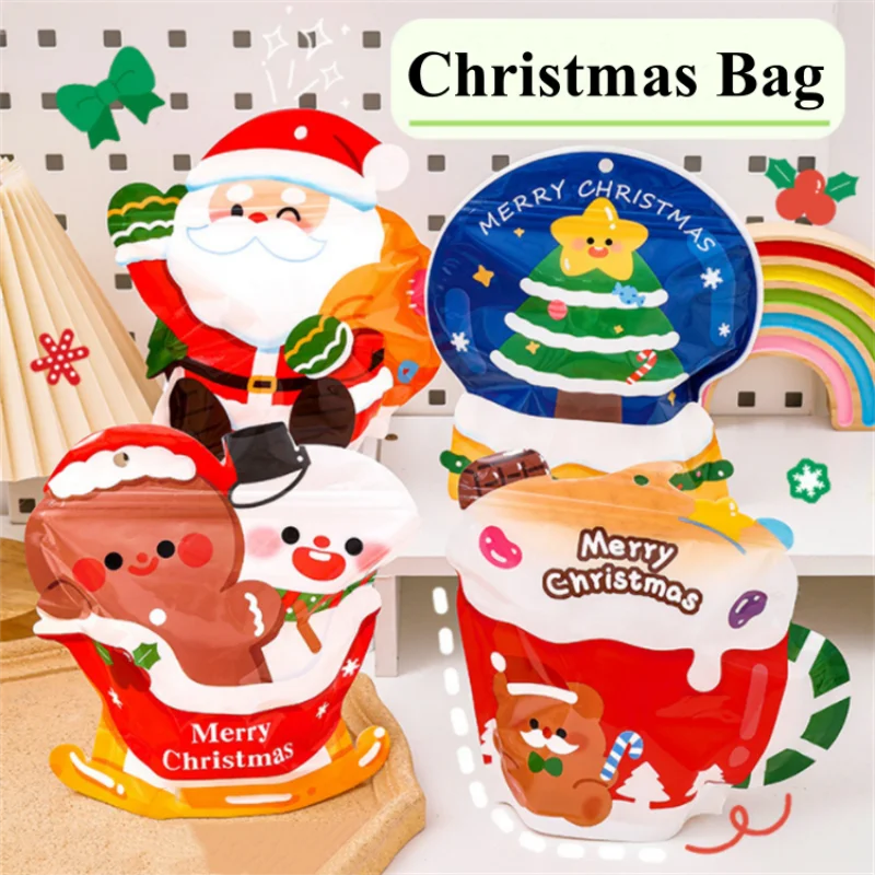 10/100PCS Stand-up Plastic Christmas Cartoon Zipper Packaging Bag DIY Cute Sugar Candy Snack Child Xmas Gifts Storage Pouches