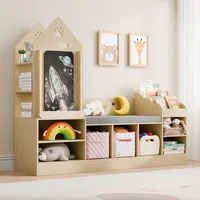 Kids Bookshelf with Reading Nook, Wooden Toy Storage Organizer with Chalkboard and Bench, Kids Reading Nook for Boys & Girls 1
