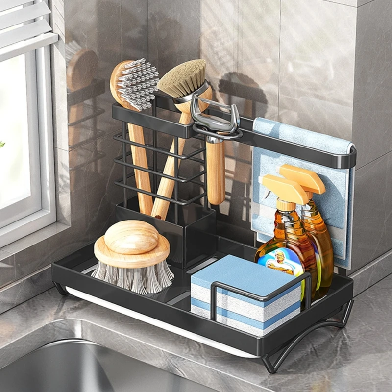 

Sink Rack Carbon Steel Sponge and Towel Holder for Kitchen Durable Carbon Steel Countertop Shelf