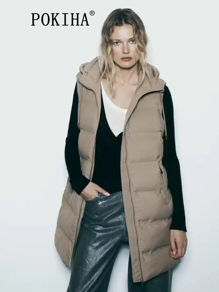 

Pokiha Fashion Women New Thick Warm Zipper-up Hooded Padded Long Vest Coat Vintage Side Pockets Female Waistcoat Chic Tops