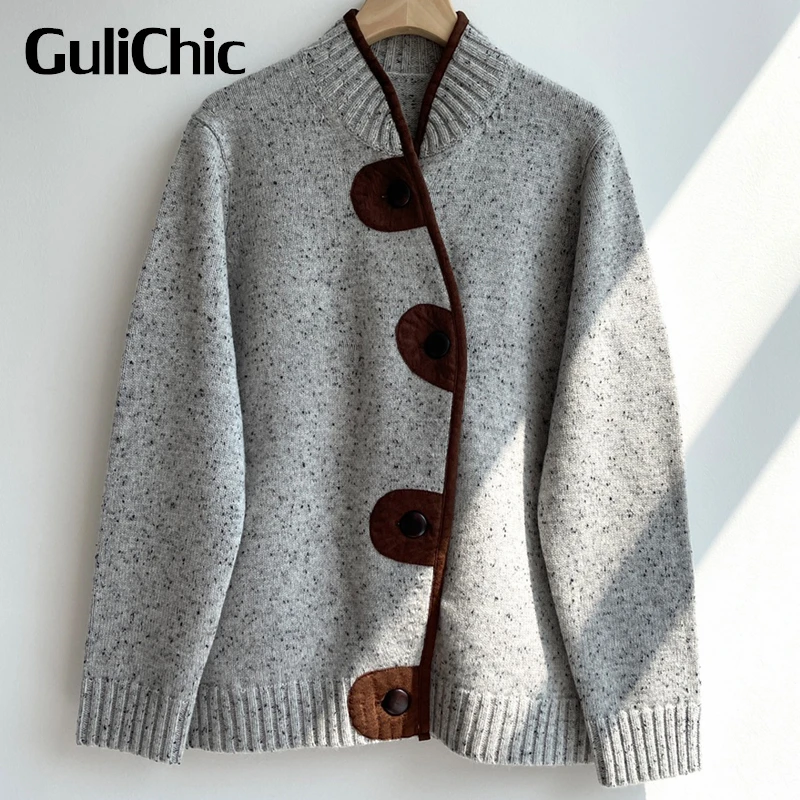 

12.1 GuliChic Fashion Contrast Color Suede Single Breasted Cashmere Knitted Thick Cardigan Sweater Women