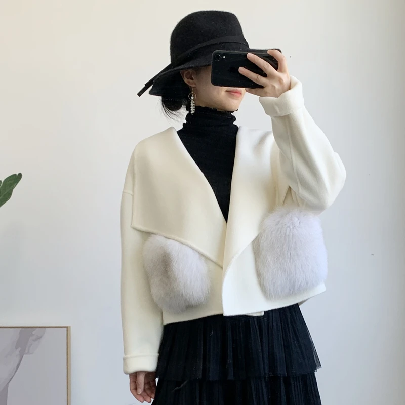 

2024 Women Cashmere Cardigan With Fur Long Wool Coat fashion ladies cropped Real Fur Jacket