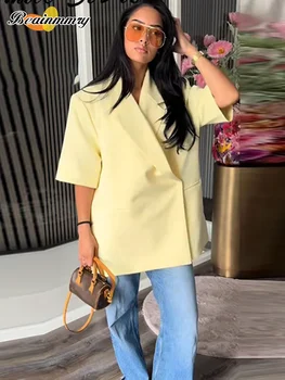 Women Butter Yellow Cropped Blazers Coats Lapel Loose Half Sleeve V-neck Jacket Office Lady Casual Commuting Wear Summer New 1