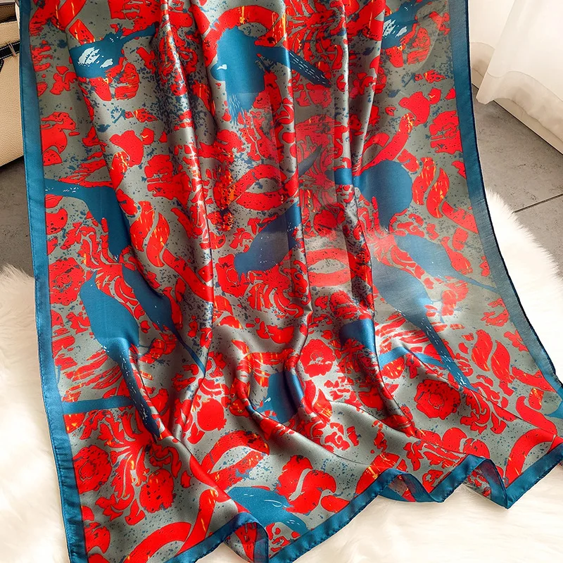 

180X90CM Bandannas 2022 Fashion Print Satin Silk Scarves Europe And America Long Shawls Four Seasons Popular Flower Beach Towel