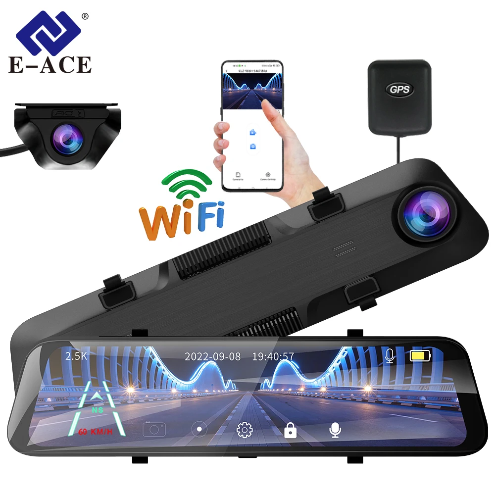 E-ACE 2.5K Car Video Recorders 12 Inches Rear View Camera Mirror Dashcam GPS WiFi DVR Two Cameras Auto Surveillance Video Camera