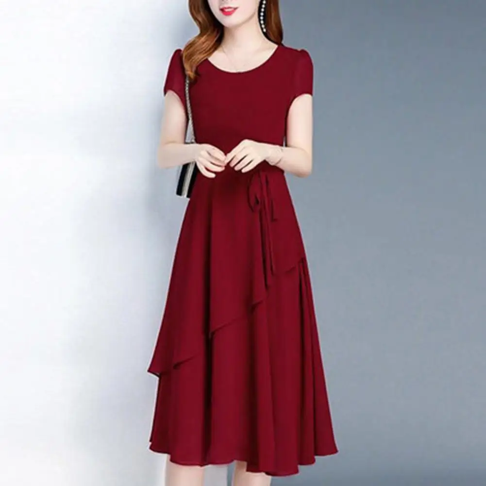 

Платье-трапеция женское средней длины на шнуровке, элегантный сарафан-трапеция с коротким рукавом, уличная одежда с круглым вырезом, многослойный подол, оверсайз