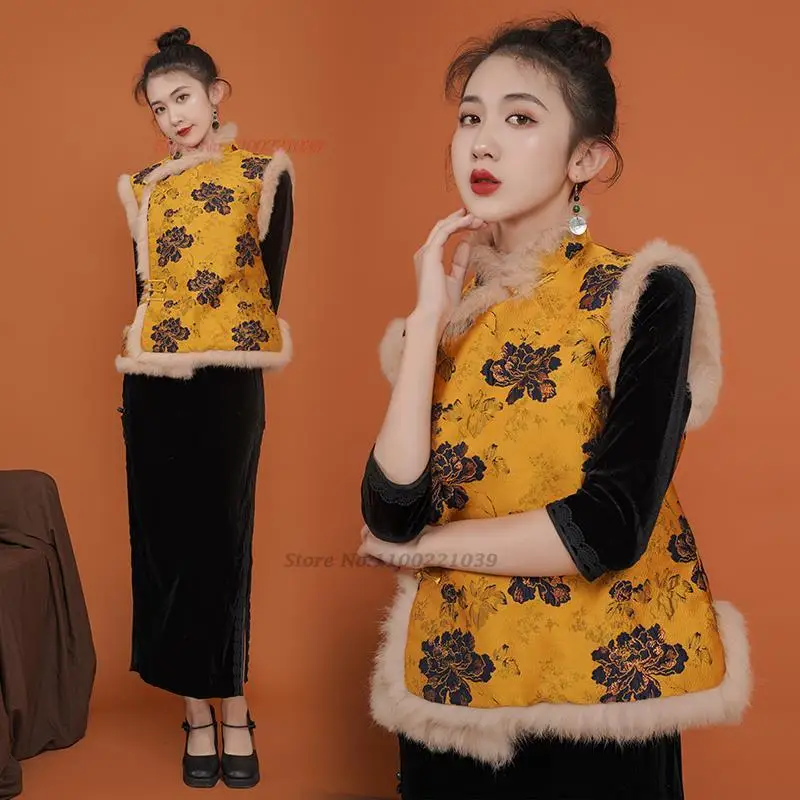 

2024 national flower print padded tang suit vest chinese traditional cotton-padded vest oriental vintage improved waistcoat