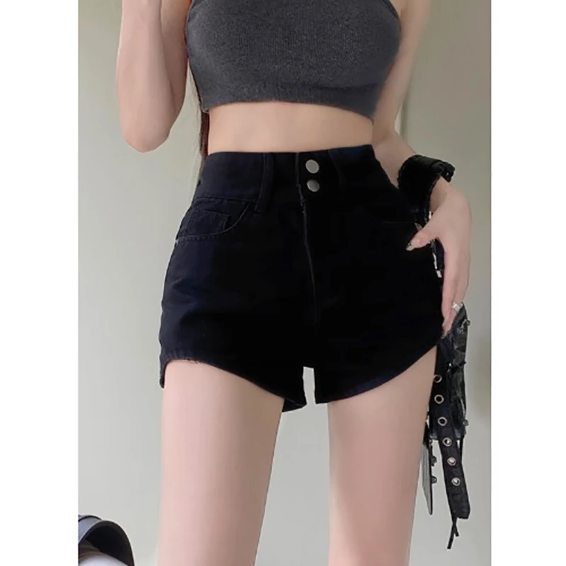Black denim shorts female summer 2024 new outside wear high waist thin tight spicy girl a word super short hot trousers