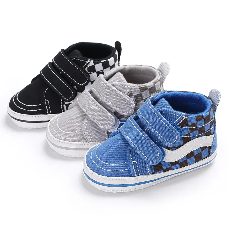 Meckior New Baby Girls Boys Plaid Casual Canvas Soft Bottom Shoes Mid Soft Bottom Top Sneakers Toddler Shoes Cotton Non Slip