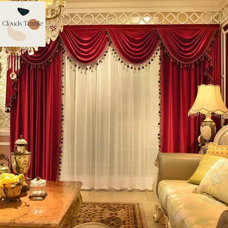 

European-style Luxury Red Velvet Curtains for Living Dining Room Bedroom Curtain Gauze Curtain Head Bedroom New Product