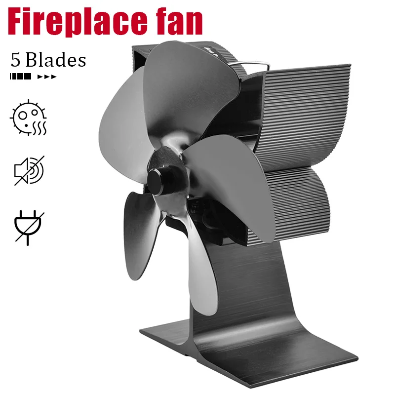 

Black 5 Blades Heating fan Fireplace Fan Log Wood Burner Heat Powered Eco Silent Portable Ice Fishing Stove Fan No Battery