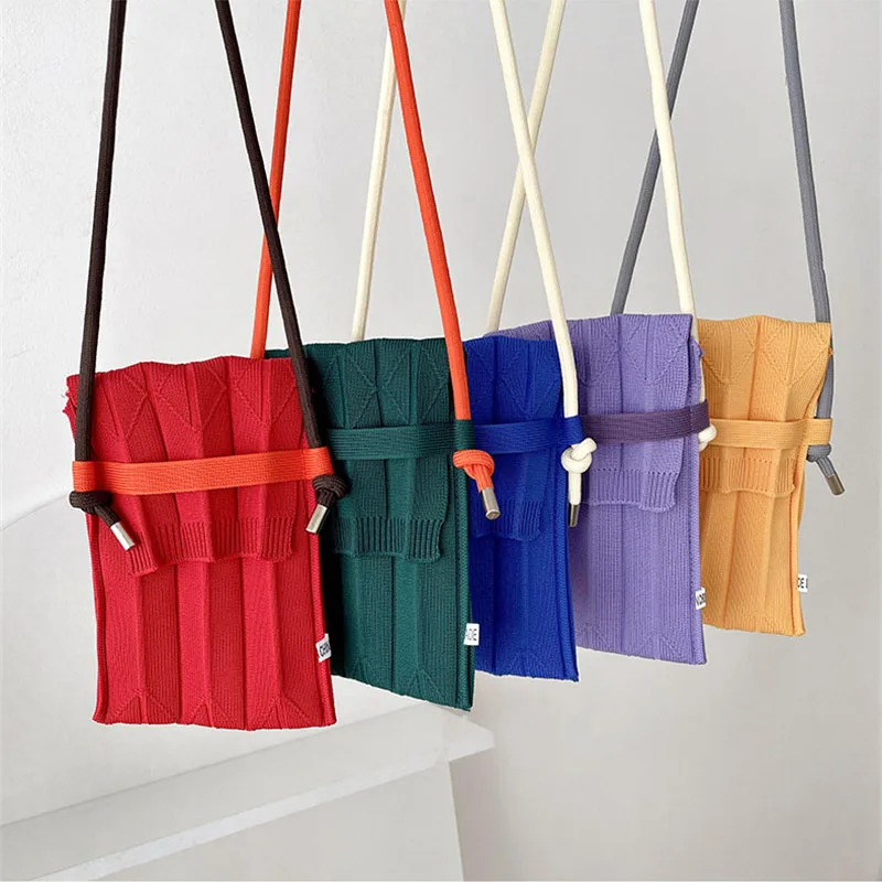 Organ Pleated Mini Messenger Shoulder Bags Fashion Knitting Small Crossbody Bags Ladies Foldable Long Straps Mobile Phone Purse