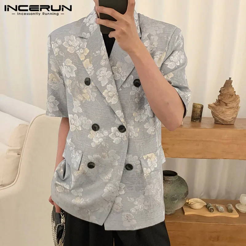 

Handsome Well Fitting Tops INCERUN Men Oil Painting Peony Printing Blazers Casual Party Streetwear Male Short Sleeve Suits S-5XL