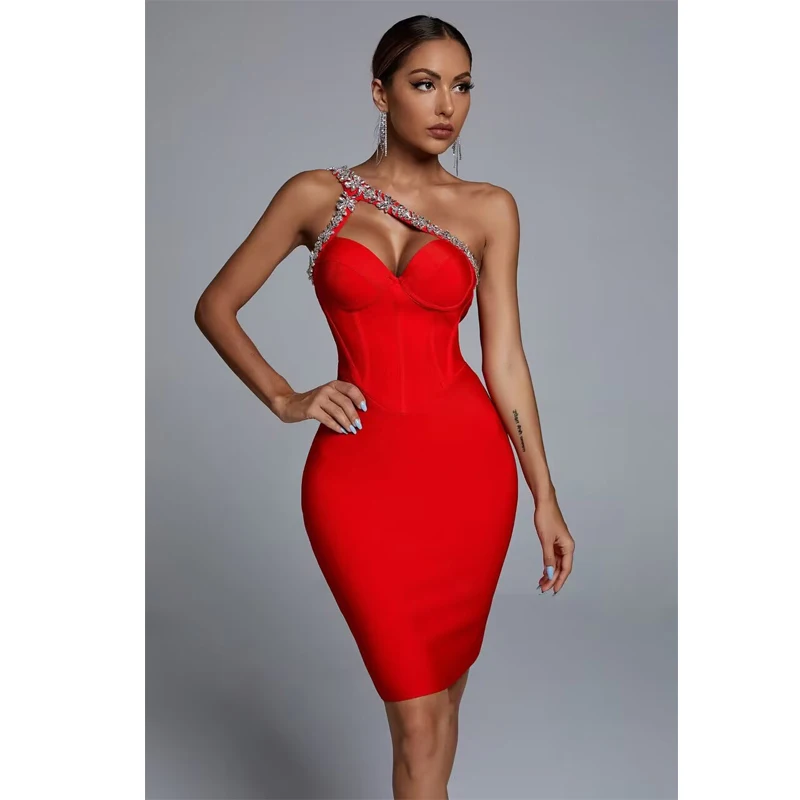 Estate senza maniche Backless Diamond One Shoulder Diamond Mini Bandage Bodycon Celebrity Nightclub Party abiti da donna a tracolla