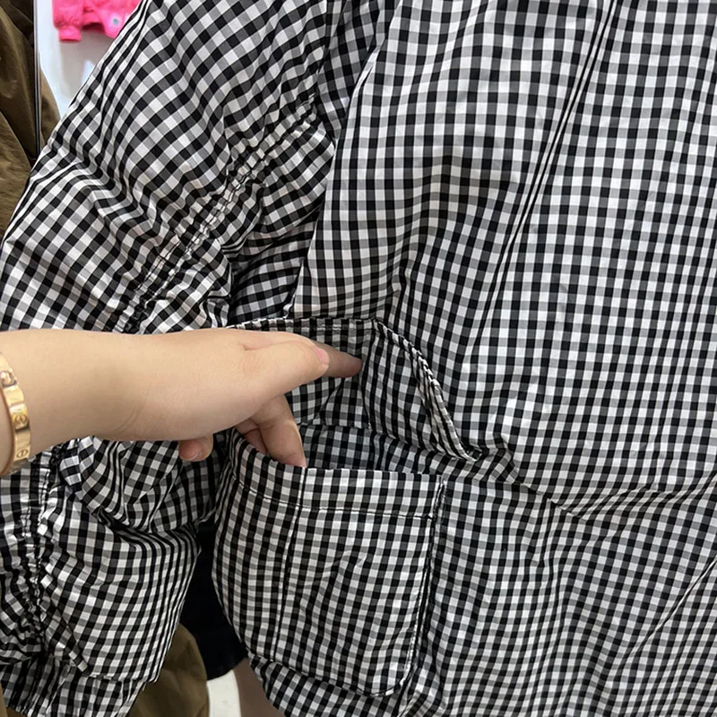 New Women\'s Short Down Jacket Fashion Black White Plaid Korean Version Diagonal Pockets loose Stand Collar White Duck Down Jacke