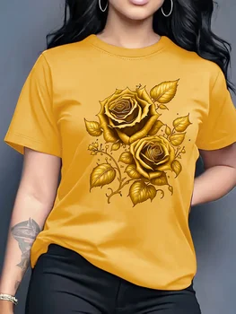 Rose Print T-shirt Women Round Neck T-Shirt  Simple Design Versatile Suitable for Daily Leisure Showing Natural Elegant Style 1